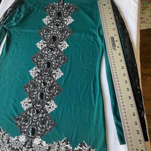 Style & Co. Women’s Long Sleeve Screw Neck Mini Dress size Petite S, Green Black - Picture 4 of 9